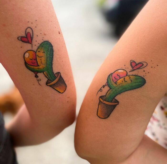 Cute matching cactus hugging balloon arm tattoos