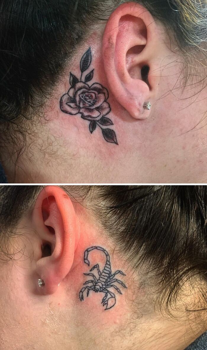 ear tattoo of a rose and scorpion