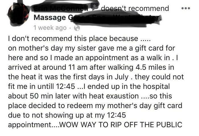 If You Book An Appointment With A Service Provider, We Take Down The Gift Card # In Case A Person Doesn’t Show Up. She Never Called And Left This Review 2 Months Later