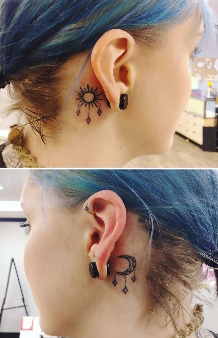 ear tattoo of moon and sun