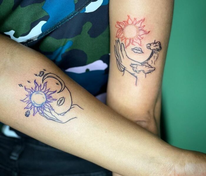 Two best friend tattoos on arms featuring sun, moon, and face designs symbolize a strong and immortal friendship bond.