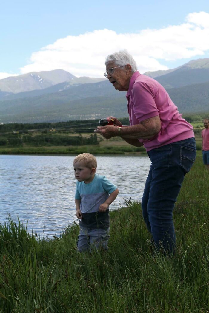Today My 3-Year-Old Son And His 89-Year-Old Great Grandma Teamed Up To Catch Both Their First Fish. He Hooked It She Reeled It In