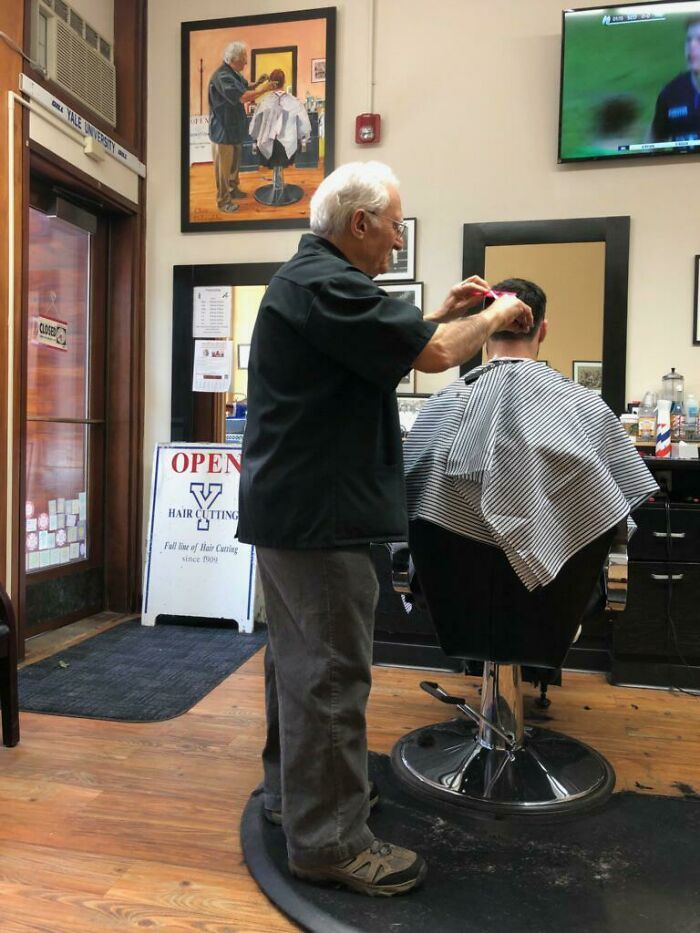 Grandpa Owns A Barber Shop And A Long-Time Customer Painted Him In Action. This Is Me Recreating The Painting With Him