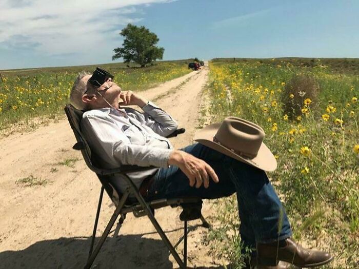 My Husband's 82-Year-Old Grandpa Taking In The Eclipse On An Old Dirt Road
