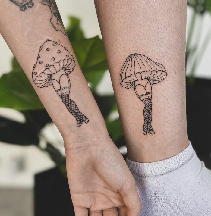 Matching mushrooms with legs tattoos
