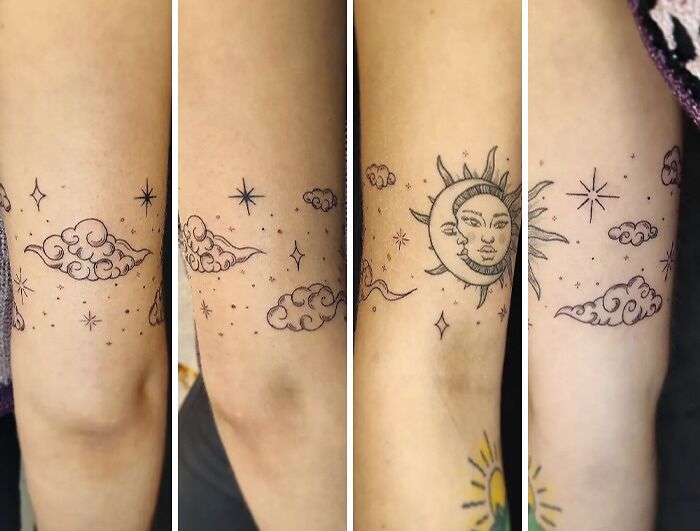 Clouds And Stars Added To This Sun, Moon Tattoo