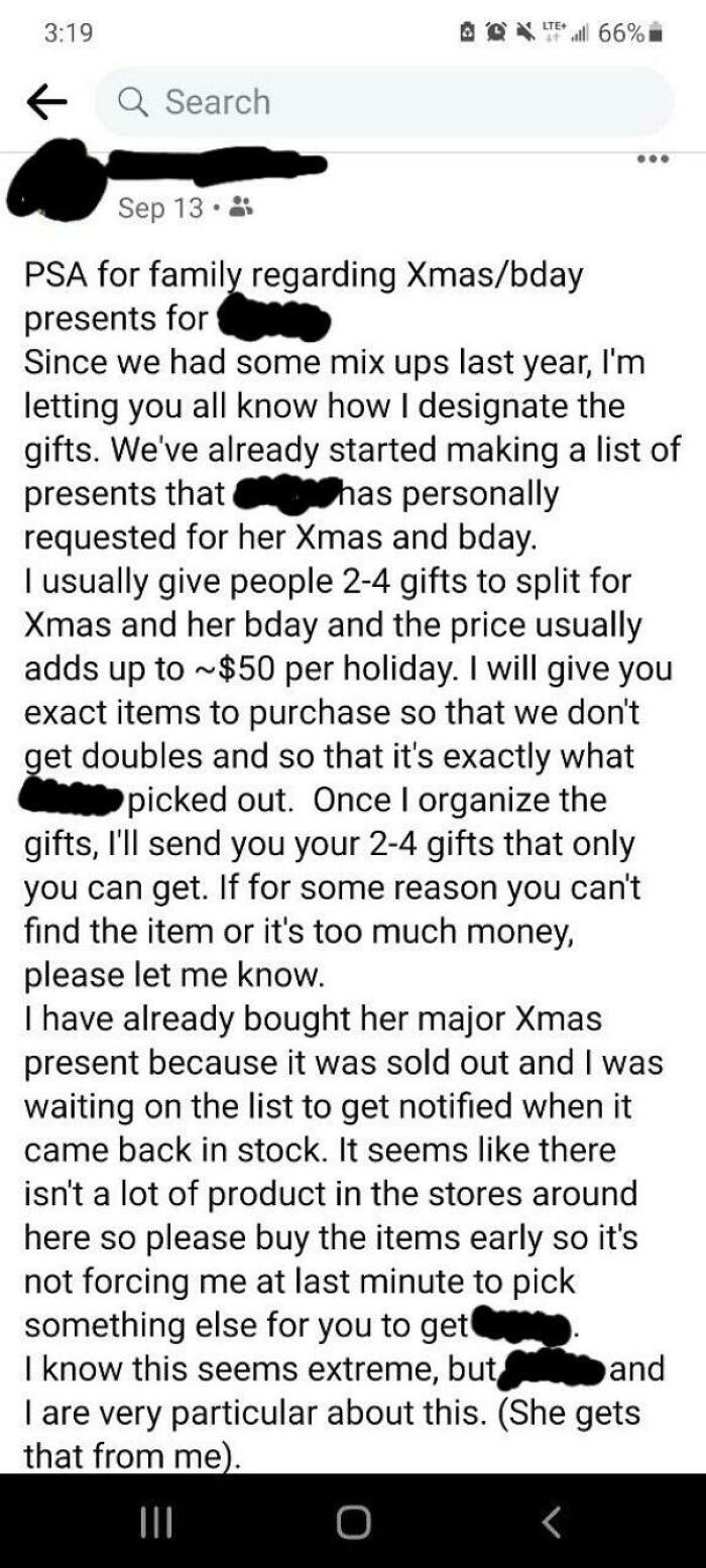 Mother Demands You Only Buy Specific Gifts For Birthday And Holiday. For Context, The Child Is Like 4 Years Old