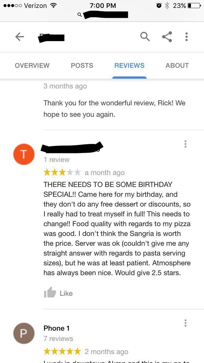 How Dare This Privately Owned Local Restaurant Force This Man To Pay For His Entire Birthday Meal.. In Full! They Probably Didn't Sing To Him Either! Unacceptable