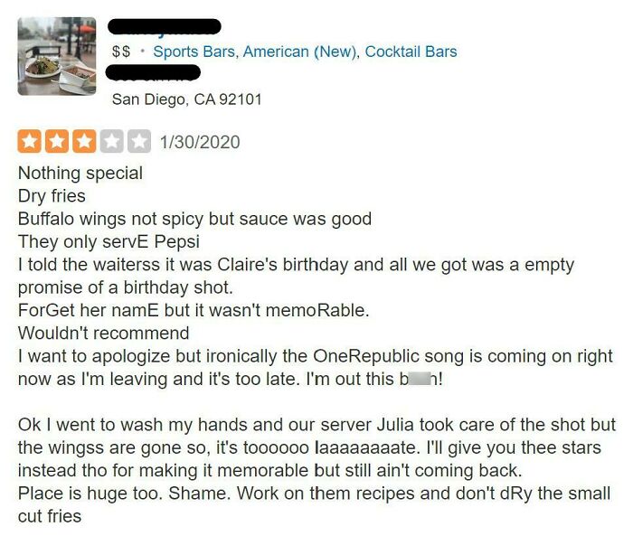 Dude Made It Known To The Server Of His Wife's Bday And Expected Something. Server Eventually Gave Them Something, But Noooo, "It's Too Late" Because They Had Finished The Food Already