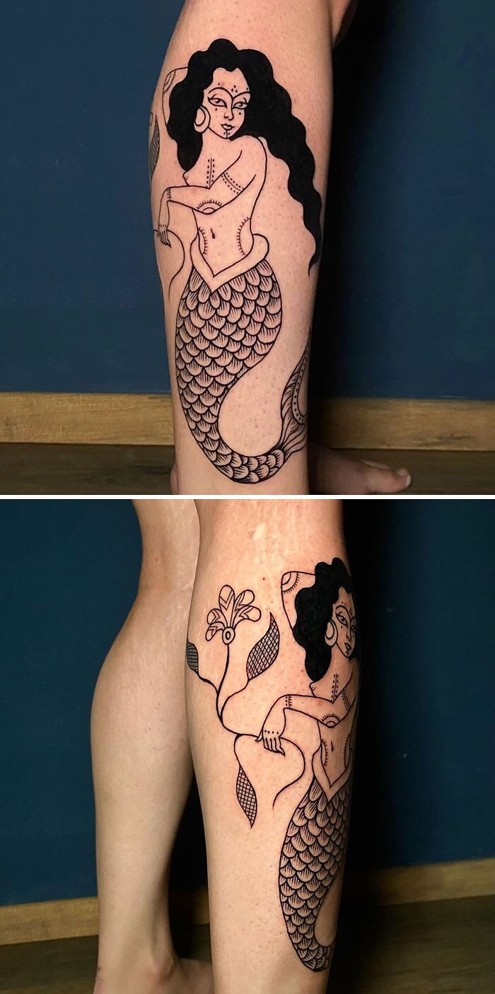 Mermaid calf tattoo with intricate black line art on leg.
