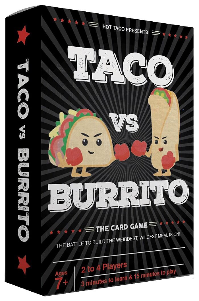 Taco vs Burrito strategy board game box featuring cartoon taco and burrito characters with boxing gloves.