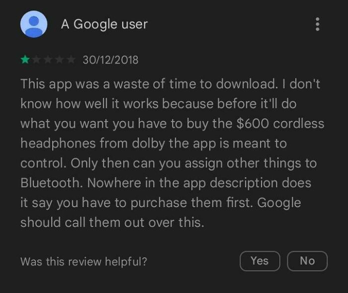 A One Star Review For A Free Companion App For Dolby Headphones Because He Doesn't Own The Headphones