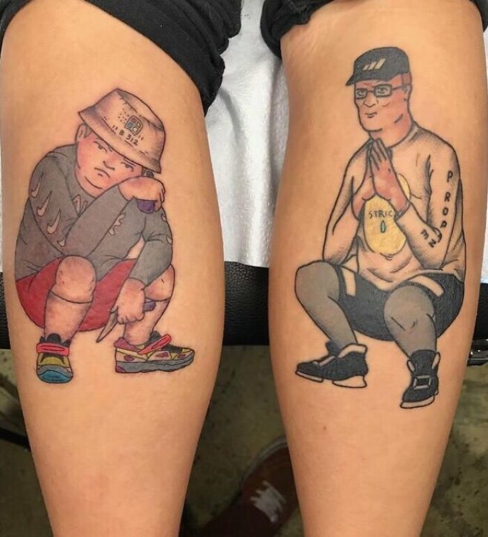Unique calf tattoos featuring cartoon-style characters in dynamic poses.