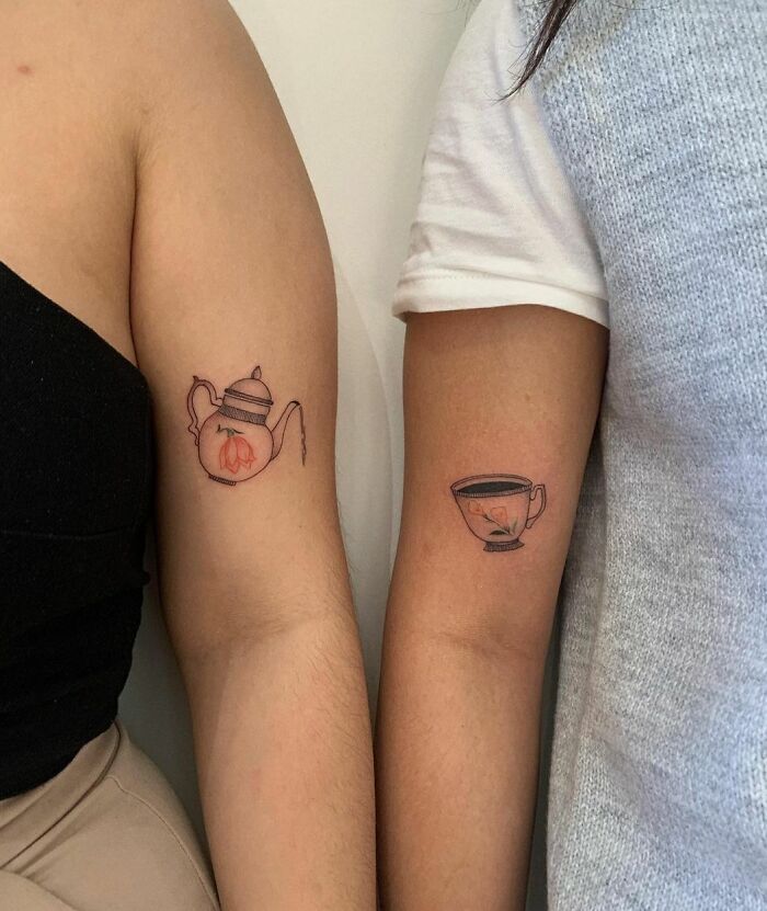 Friend tattoos featuring a teapot and teacup on two arms, symbolizing a strong friendship bond.