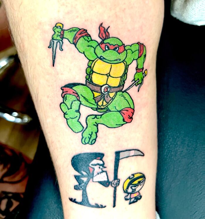 Raphael Added To My Childhood Cartoon Piece. Done By Apprentice Danielle Woods At F Bomb Tattoo In Chester, WV