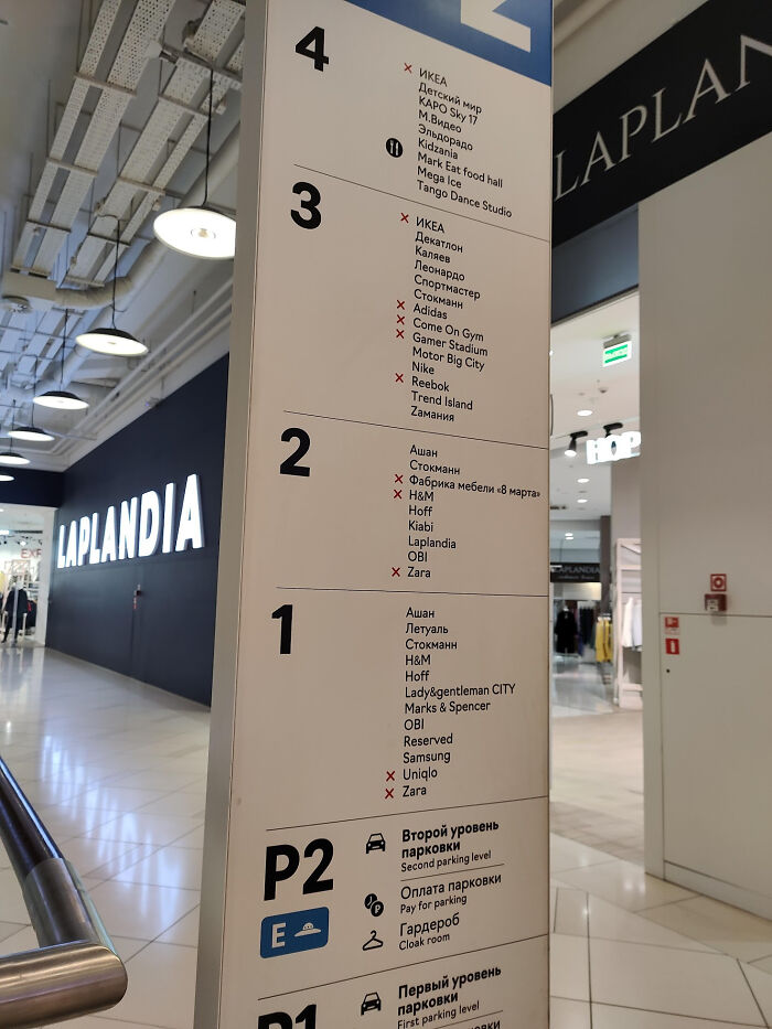 Sign At The Biggest Shopping Mall In Russia, Showing All The Stores That Have Left The Country In Recent Months