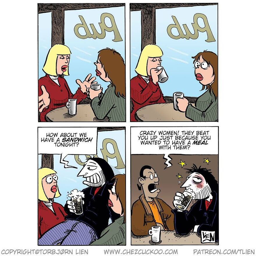 Norwegian artist comic with unexpected ending, featuring a pub scene and humorous dialogue.