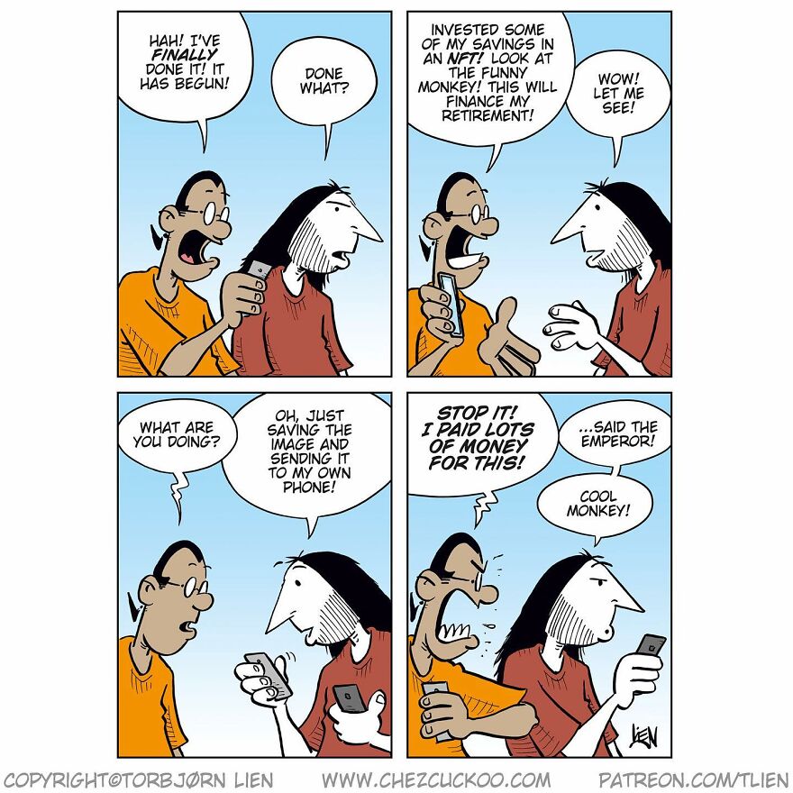 Comic strip by a Norwegian artist featuring a humorous and unexpected ending about an NFT investment in a funny monkey.