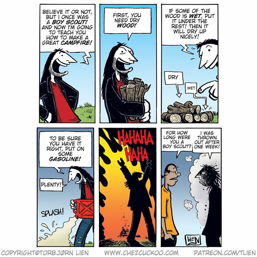 Norwegian artist comic strip with unexpected ending featuring boy scout campfire mishap.
