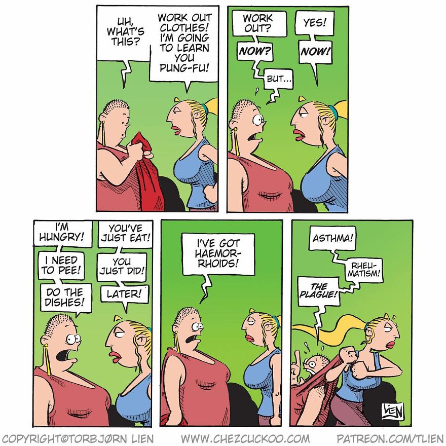Norwegian artist comic featuring a humorous and unexpected ending with two characters discussing workout excuses.