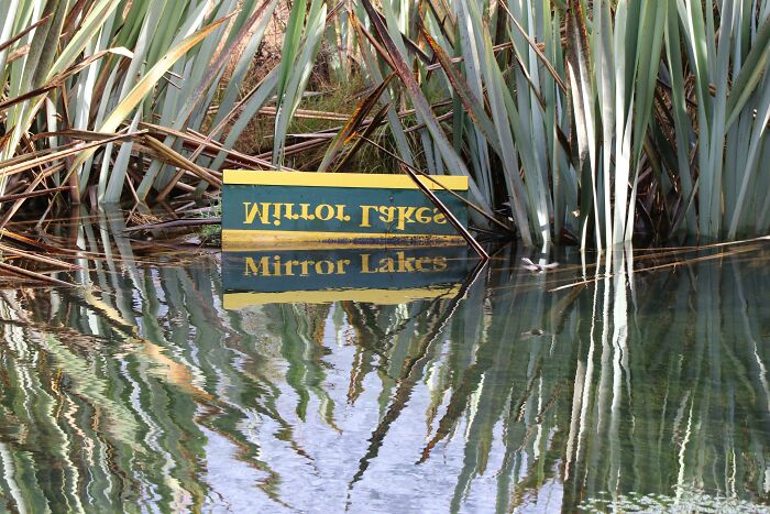 This Sign At The Mirror Lakes, NZ, Is Actually Mirrored The Right Way Up In The Lake