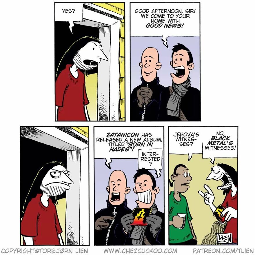 Norwegian comic by artist with a character at the door hearing unexpected news about a black metal album.
