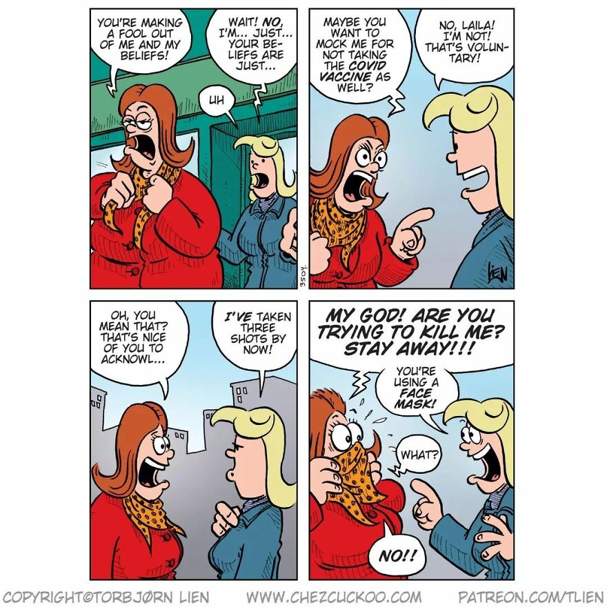 Norwegian artist comic strip with two characters discussing vaccines, featuring a humorous and unexpected twist.