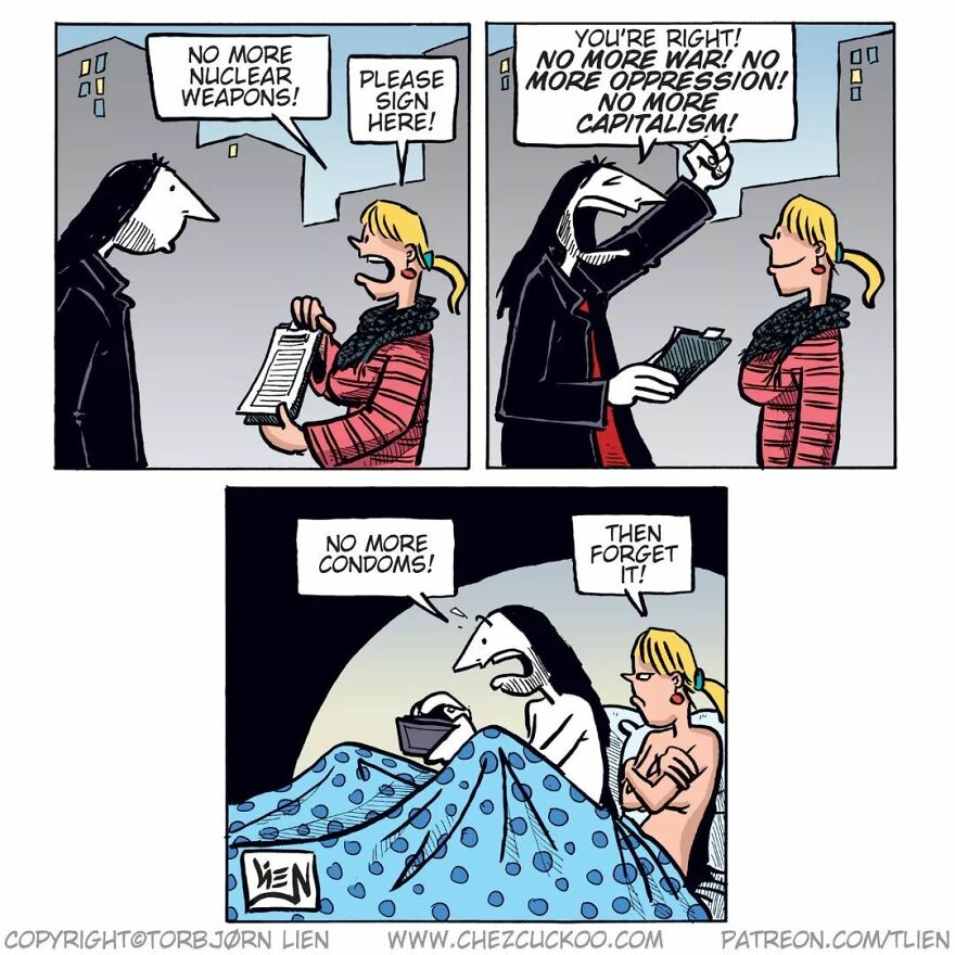 Norwegian artist's comic with a humorous and unexpected ending about signing a petition and a disagreement in bed.