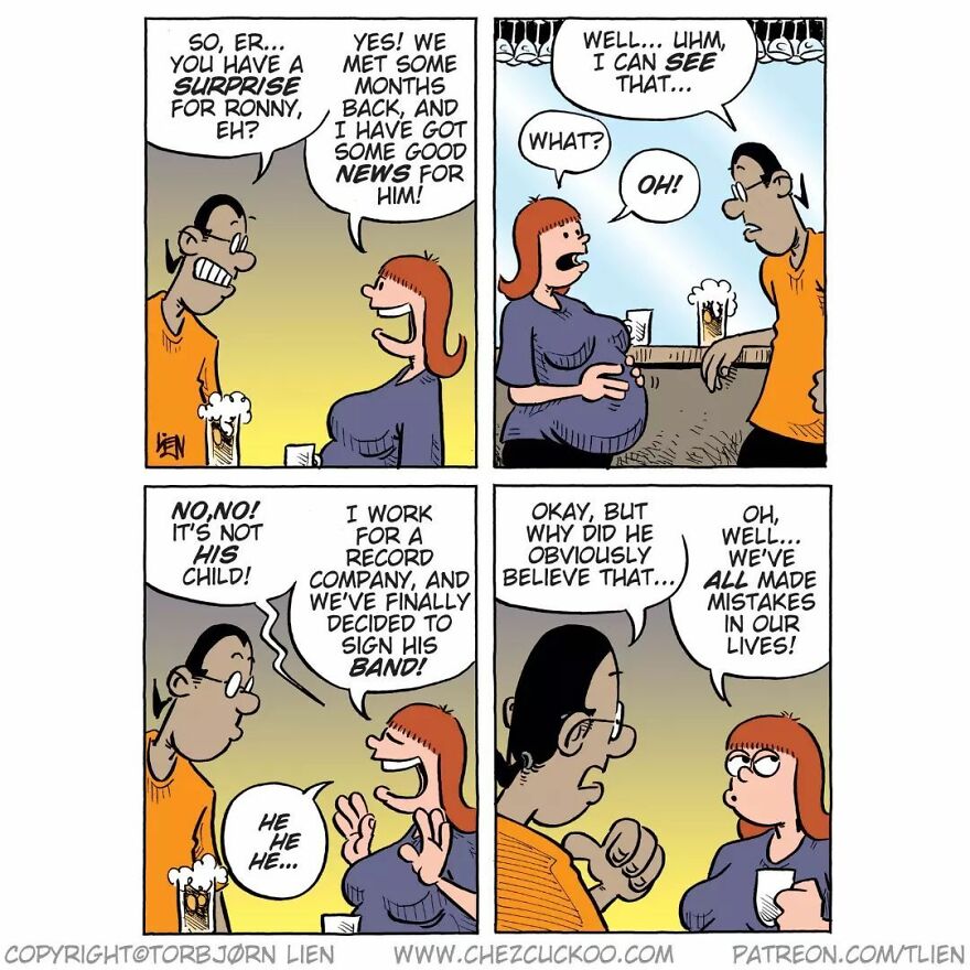 Norwegian artist comic strip with a funny and unexpected ending featuring characters discussing a surprise for Ronny.