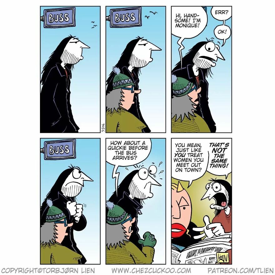 Norwegian comic strip with a funny and unexpected ending at a bus stop conversation.