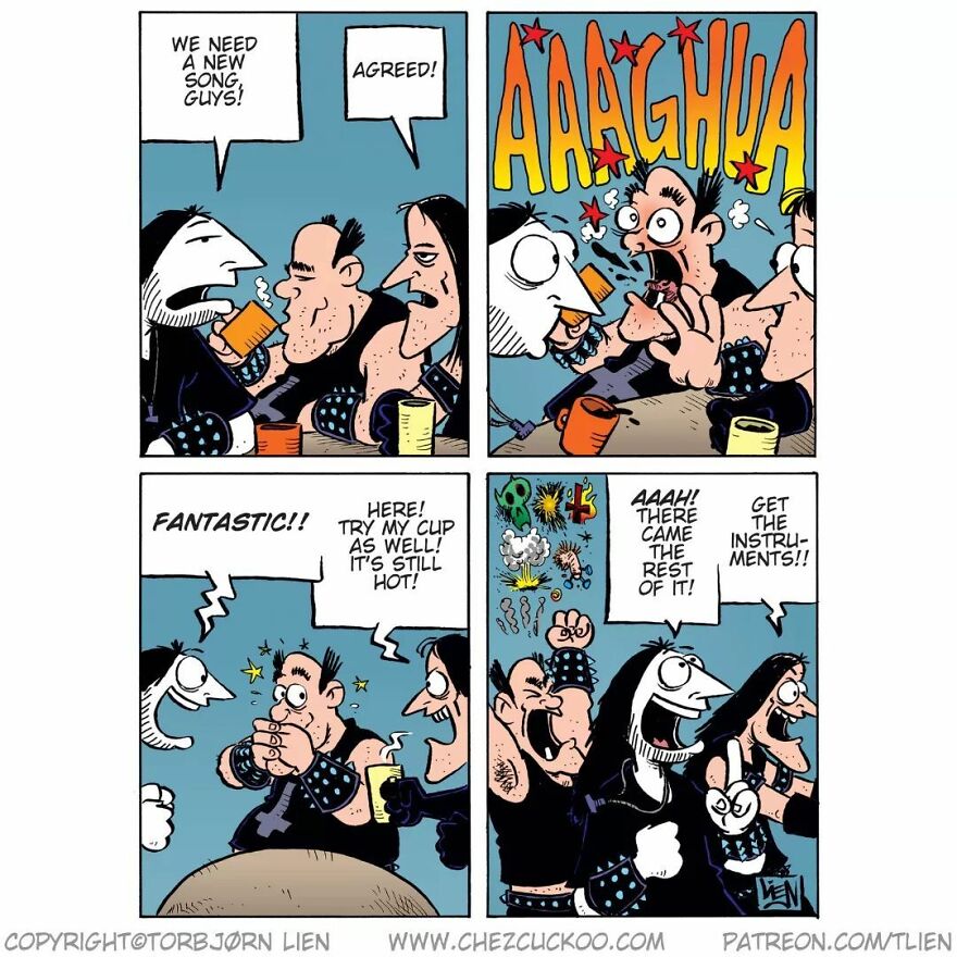 Norwegian artist's comic with band brainstorming, humorous twist with unexpected coffee reactions.