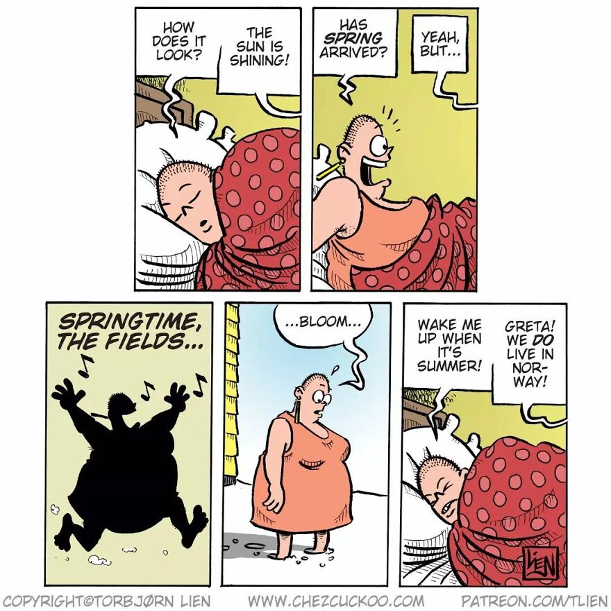 Norwegian artist comic strip showing funny and unexpected ending with springtime confusion.