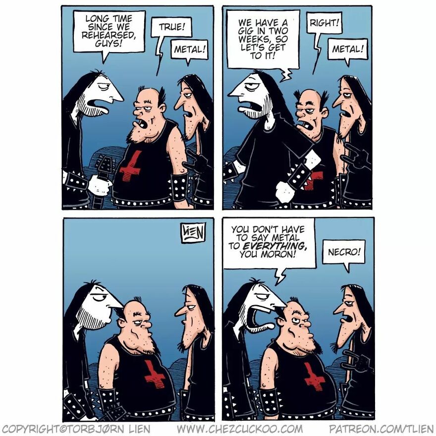 Norwegian artist comic strip with characters rehearsing, featuring a funny and unexpected metal-themed ending.