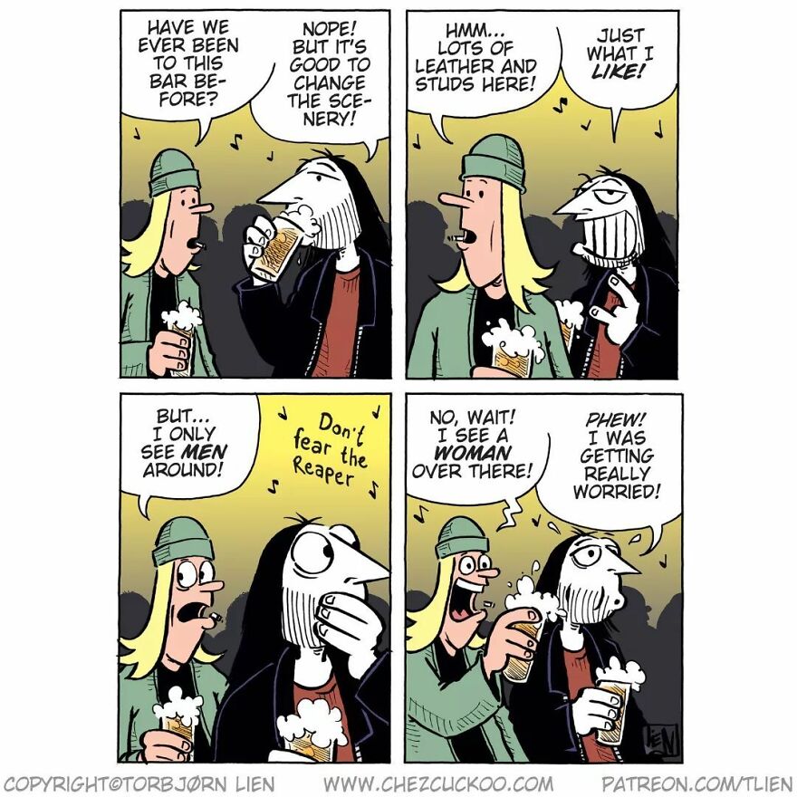 Norwegian artist’s comic showing a bar scene with two characters, ending humorously with a twist.