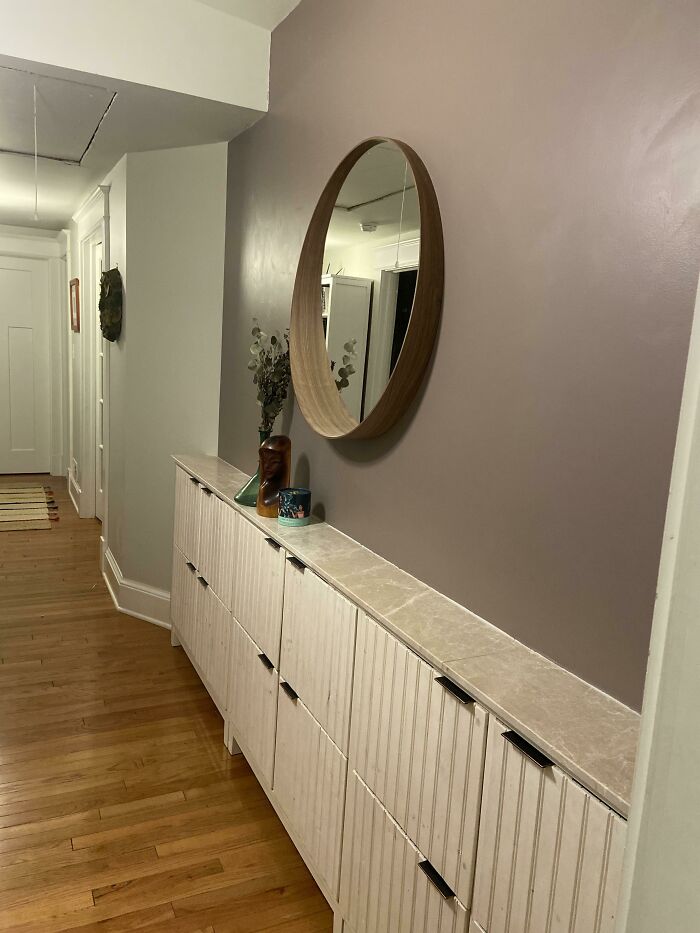 Three Stall Units With Custom Fronts, Handles And Salvaged Large Marbled Tile On Top… Used To Store Linens And Other Small Items. Upstairs Hallway