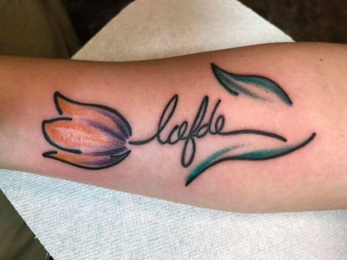 Tulip With Dutch Word For Love Done By Kelly From Grindhouse Tattoo In York, PA
