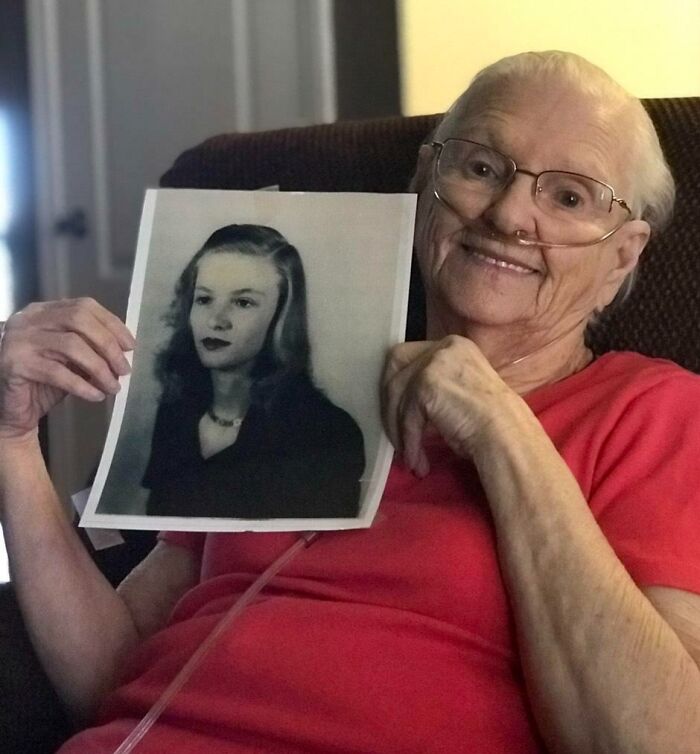 Here Is My Great Grandma With A Picture Of Her When She Was 20. Almost 100, Half Blind And On Oxygen, But Still Kicking