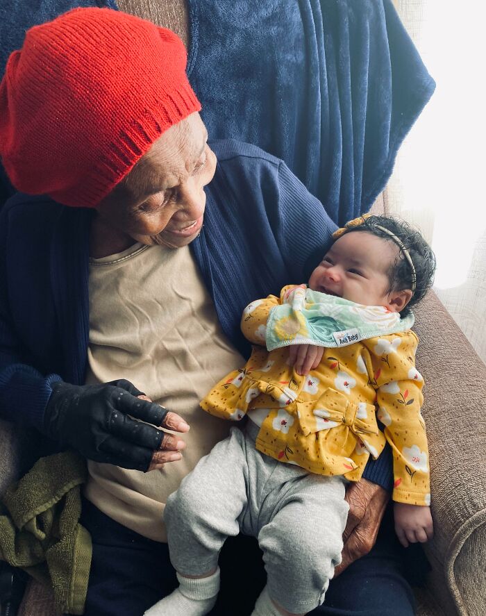 My Great Grandma, Who Will Be 103 On Valentine’s Day, Laughing With My 2-Month-Old Daughter