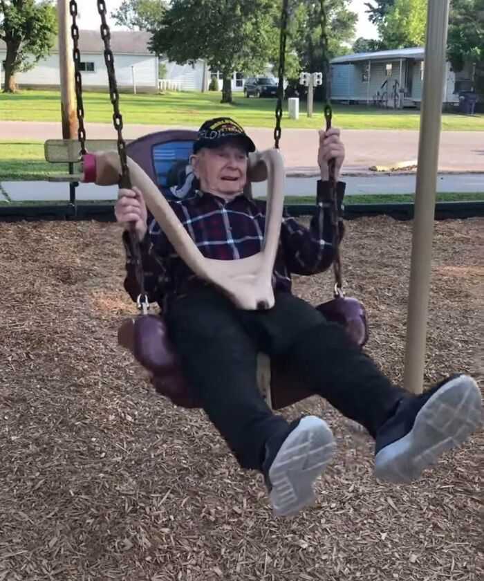 This Is One Of The Last Pictures Of My Grandfather. He Passed Today At 97, And This Is Him In An Adult Swing Having A Good Time And Enjoy Life