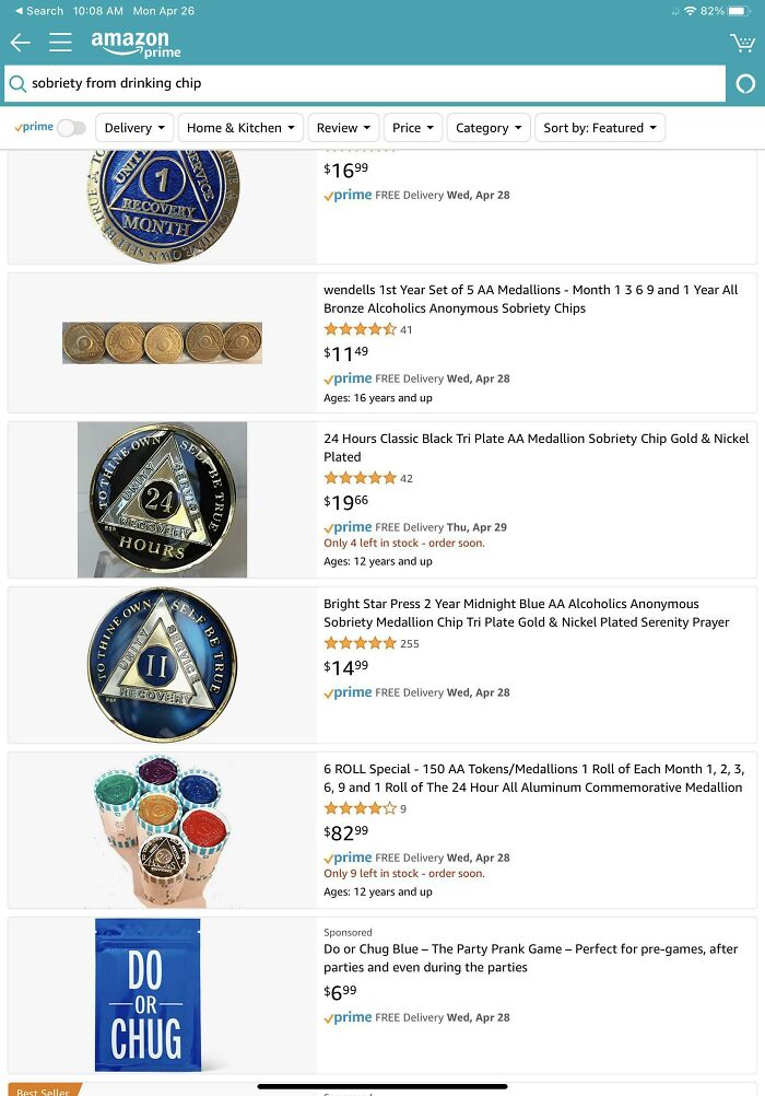 Here’s My Amazon Search Result That Recommends A Drinking Game In My Sobriety Chip Search Results (At The Bottom)