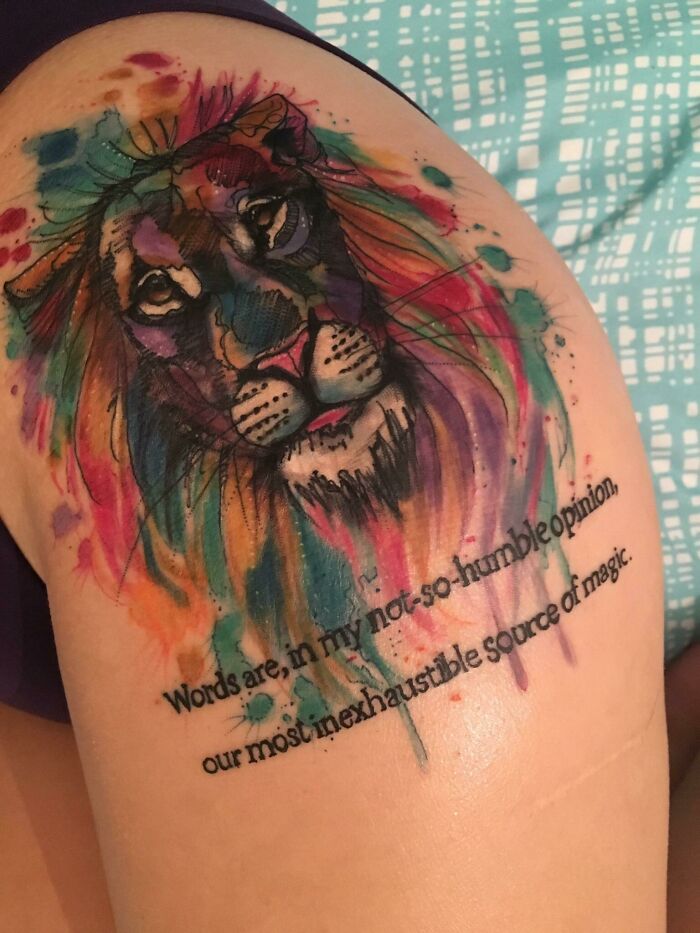 Dumbledore Quote And Colorful Gryffindor Lion By Joanne Baker At Semper Tattoo In Edinburgh, Scotland