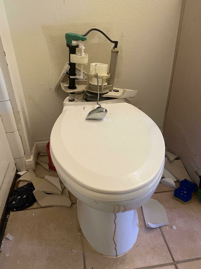 Customer Couldn’t Get Toilet To Stop Running So She Smashed It With A Hammer…not The Approach I Would Have Taken