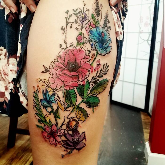 Watercolor Flowers By Jay Gregorowicz At Frew Tattoo, Danville