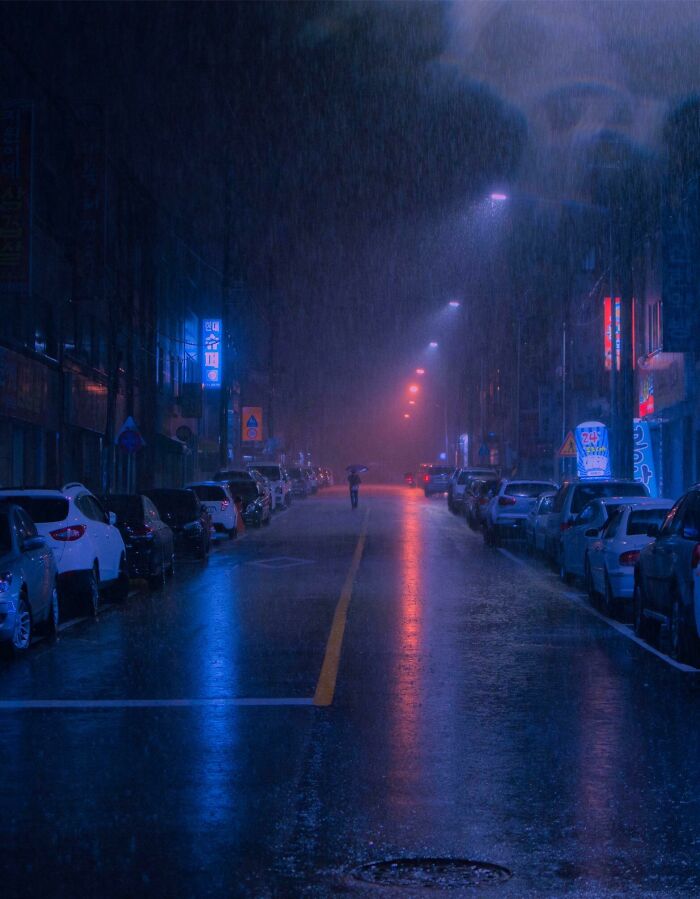 Heavy Rain On The Streets Of Cheongju, South Korea