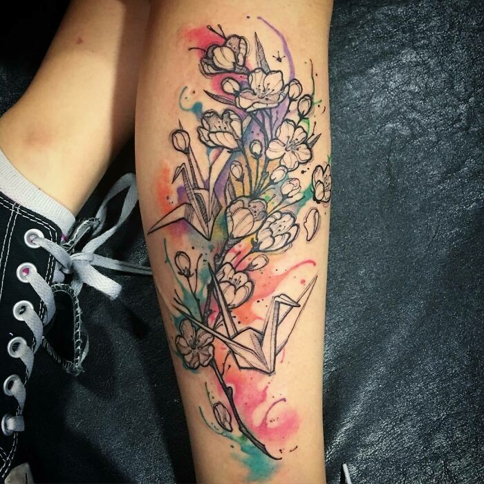 Watercolor Paper Cranes And Cherry Blossoms Done By Tyson Taumaoe At Studio 21 Tattoo In Las Vegas, NV