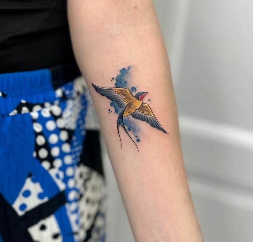 colorful bird tattoo on the arm