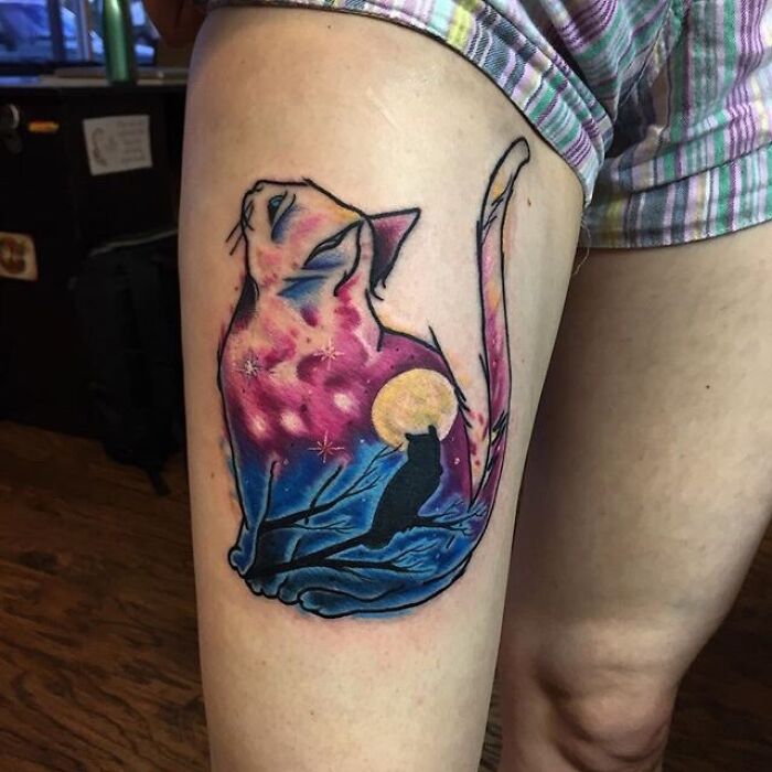 My First Tattoo - Watercolor Space Cat From Chris Hedlund At Art Realm Tattoo in Austin, TX