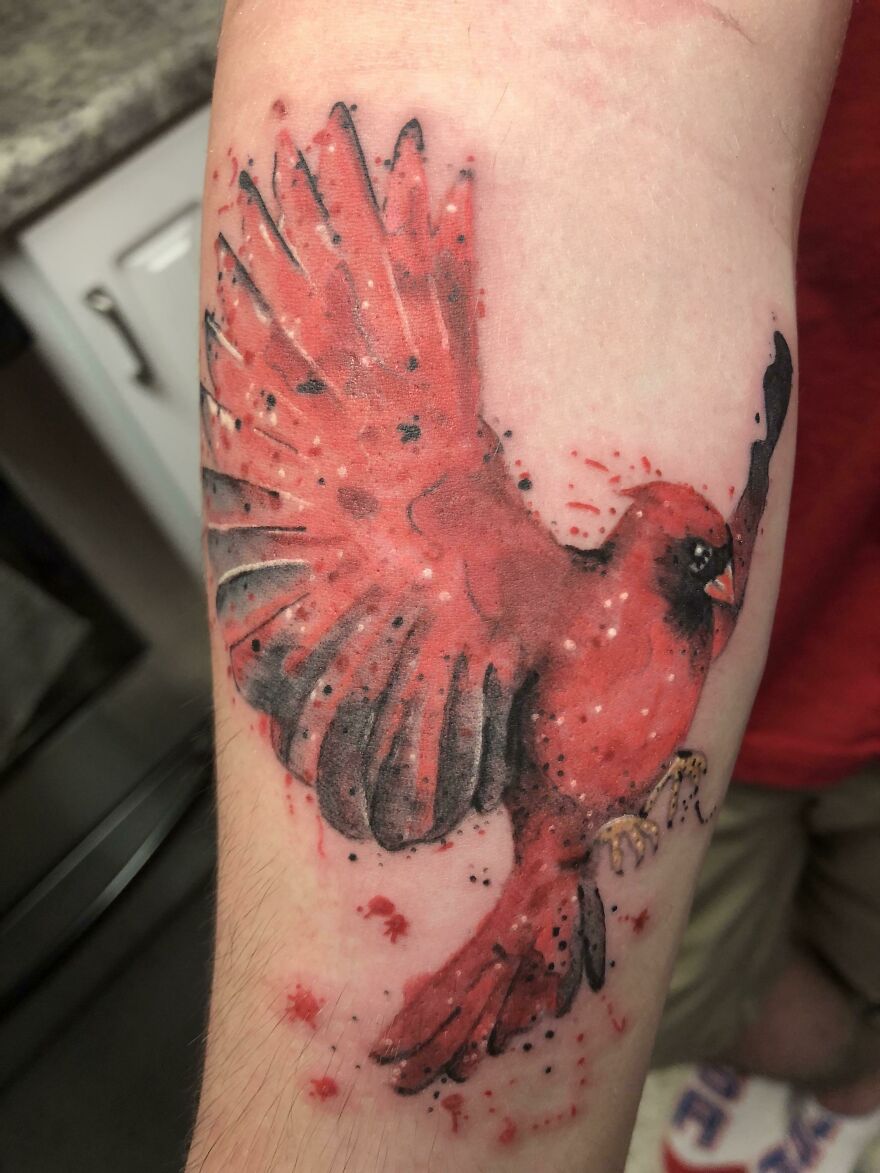 red and black bird tattoo on the forearm