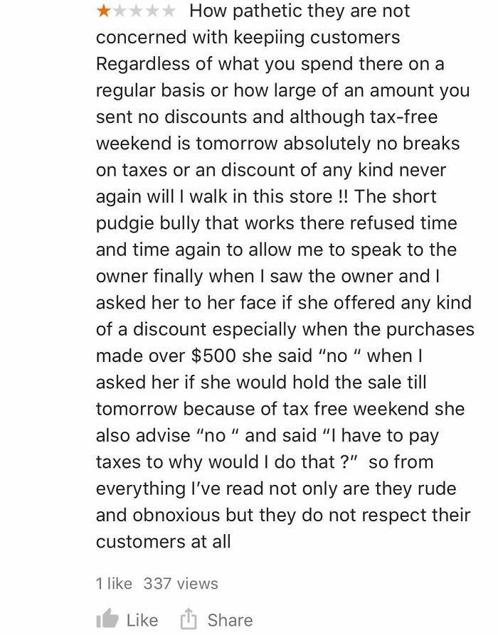 Review For Consignment Shop. They Didn’t Give Her A Tax Discount A Day Early