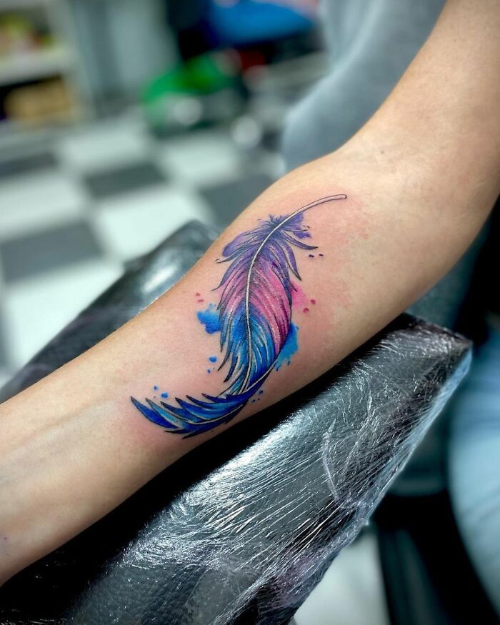 Fun Little Watercolor Feather Tattoo